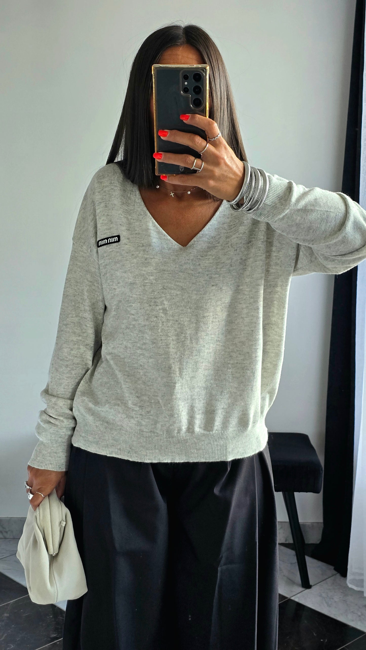 Pull fin col V – Gris chiné