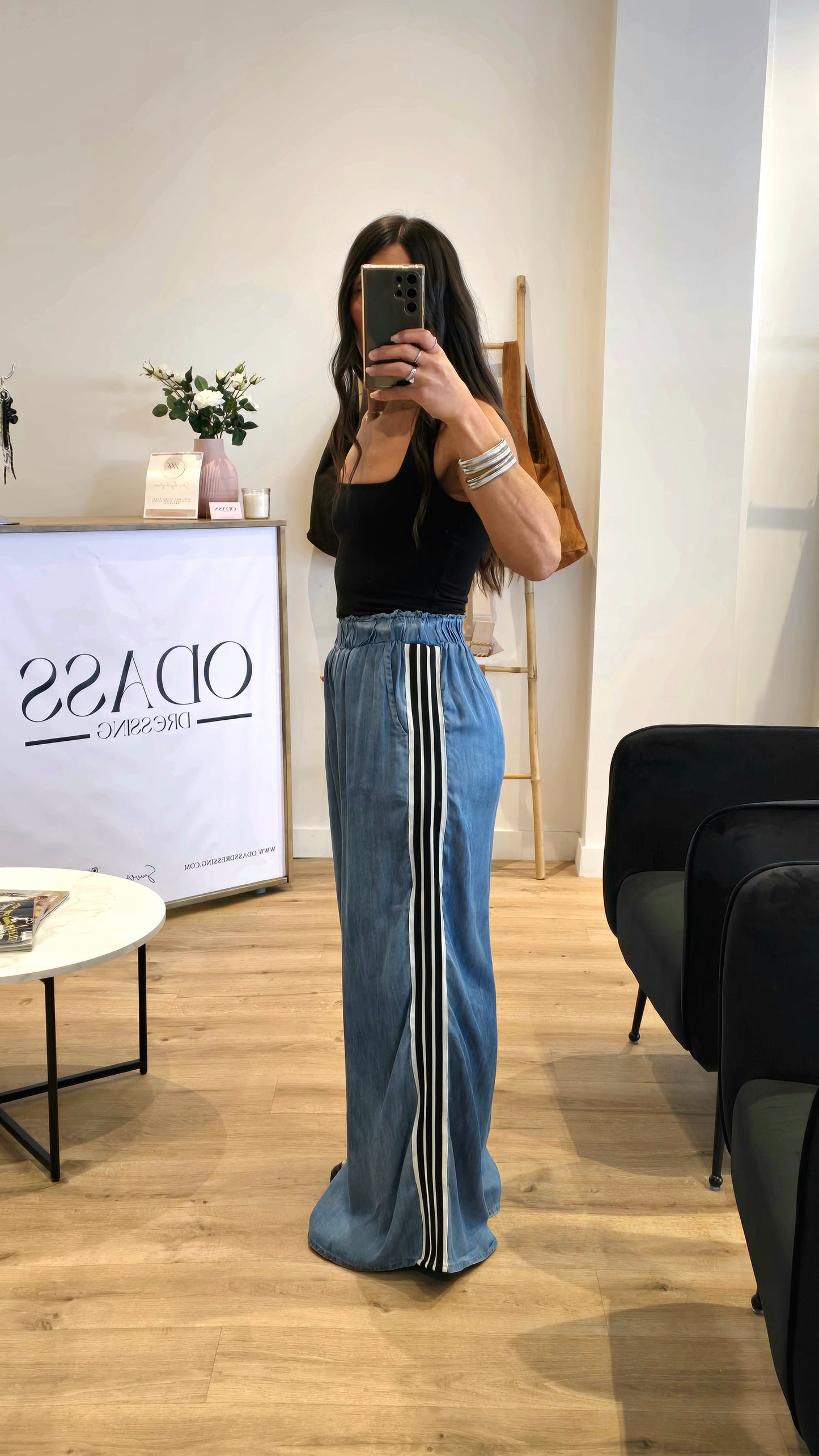 Pantalon Fluide Bleu En 100% Tencel Avec Bande Sport Latérale