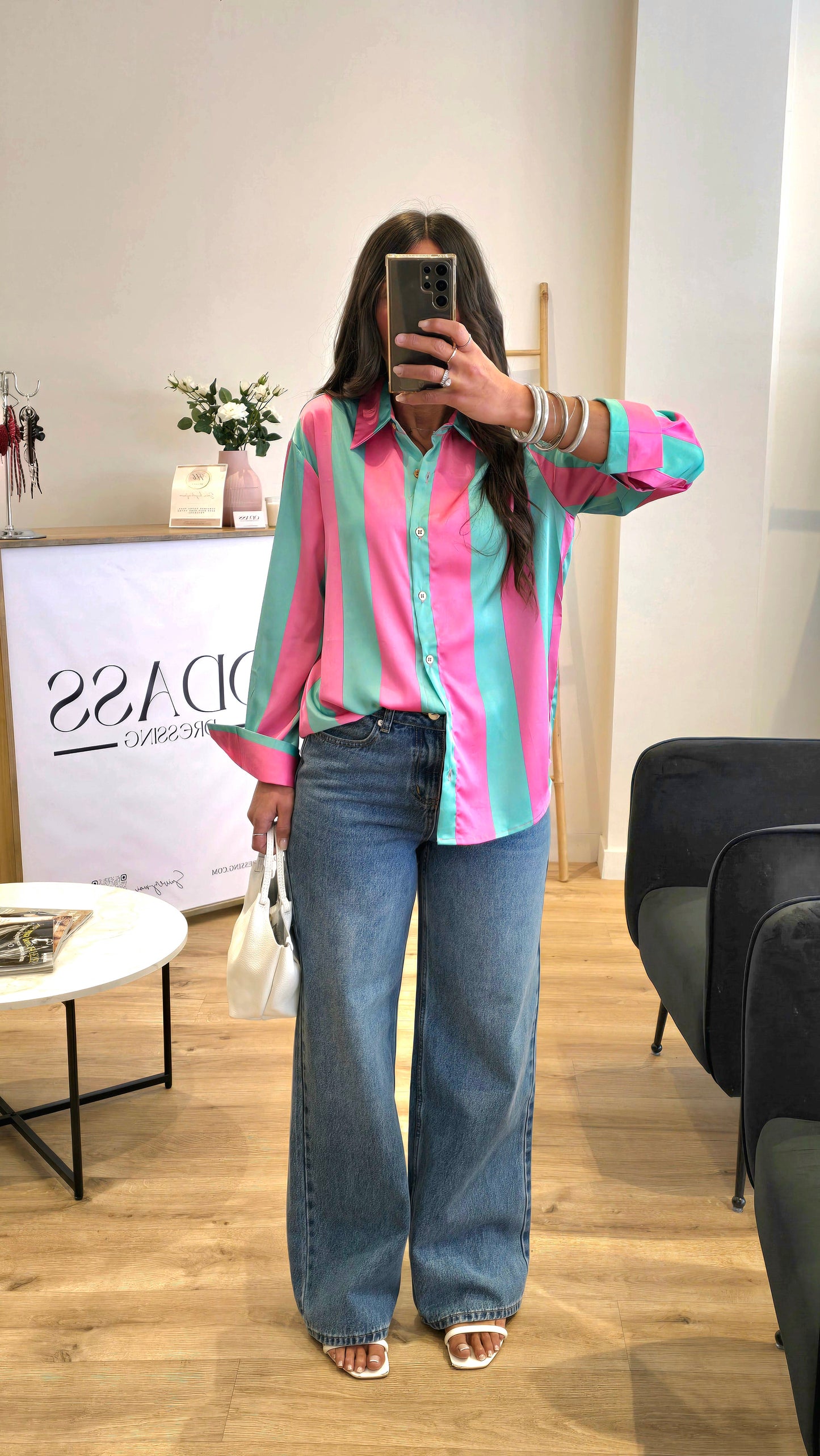 Chemisier À Rayures Rose & Vert Menthe – Coupe Droite Fluide