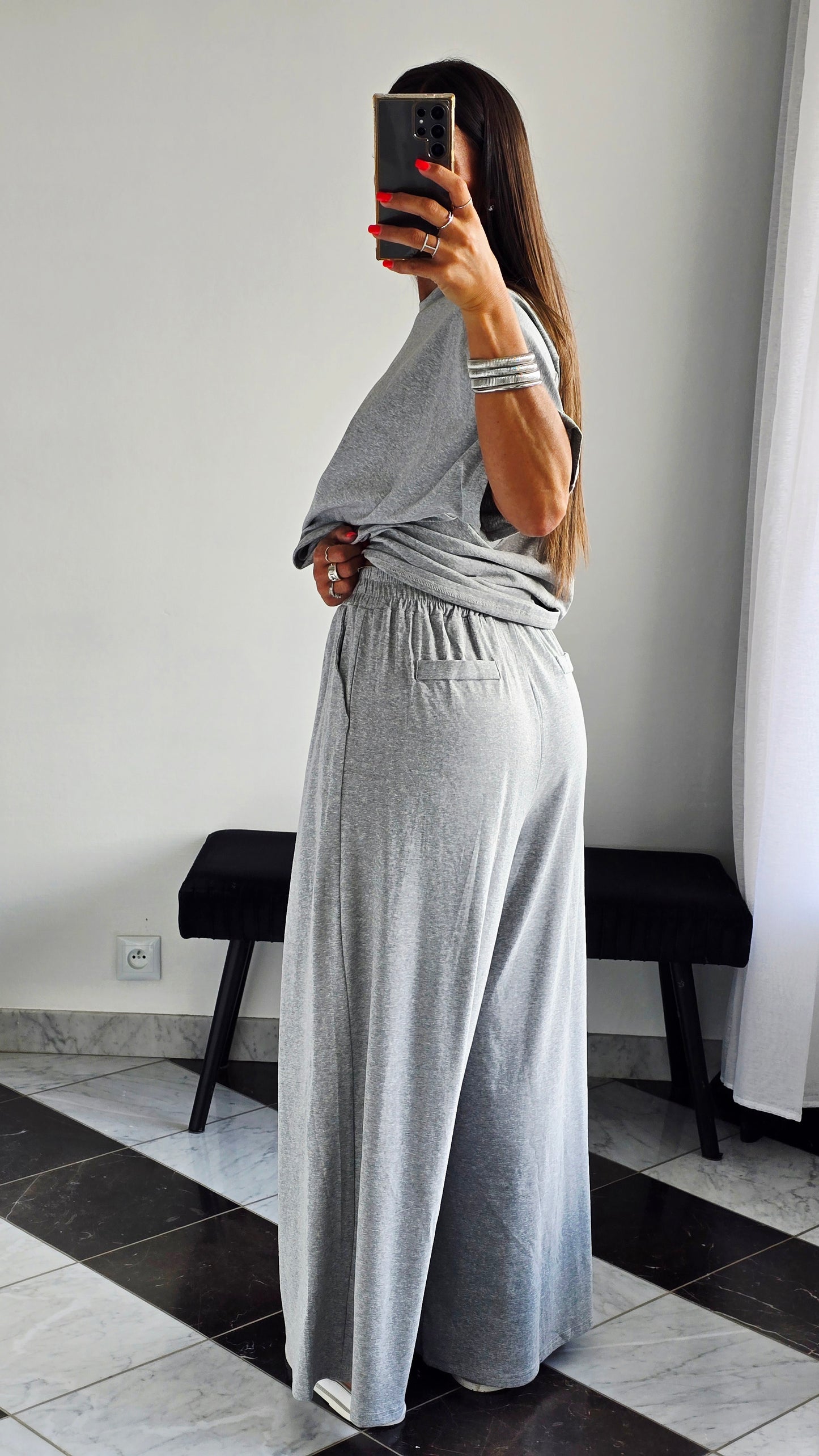Pantalon large fluide en 100 % coton – Gris chiné