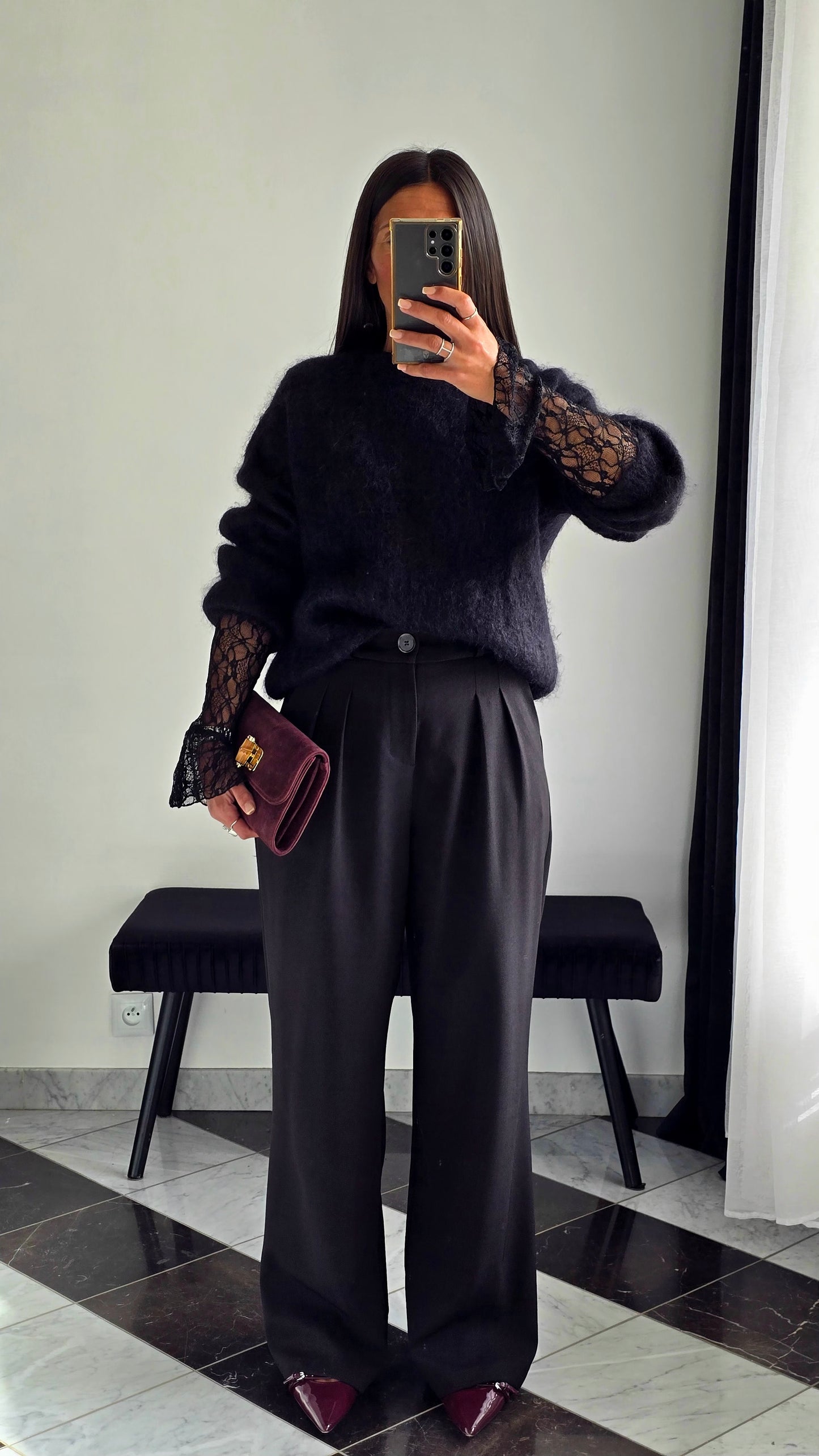 Pantalon Tailleur Texturé – Noir Intense