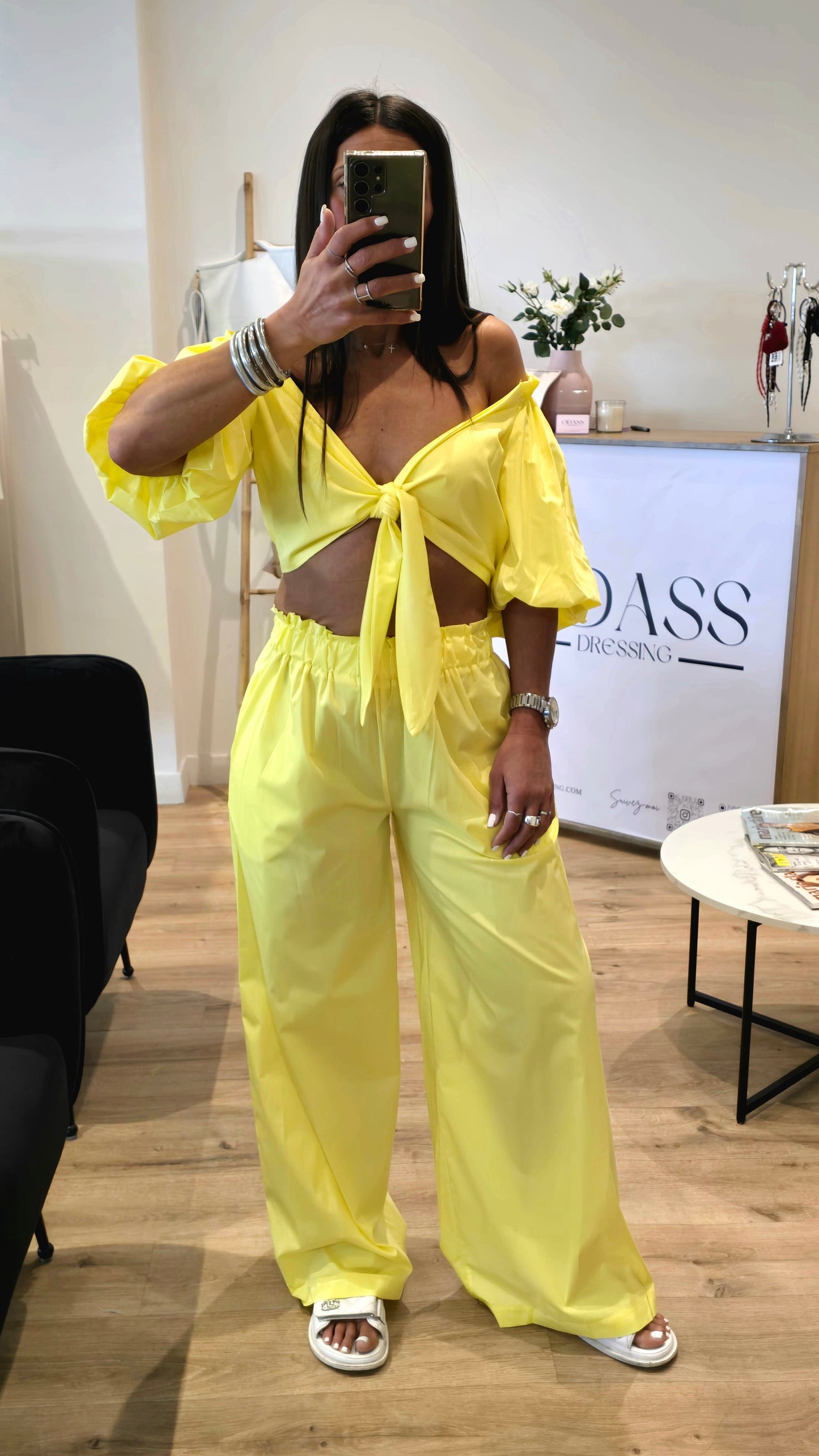 Ensemble 2 pièces coton jaune – Haut noué & pantalon large