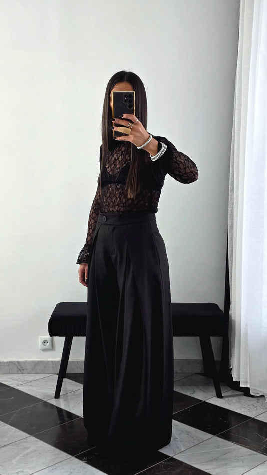 Pantalon Palazzo Noir – Coupe Architecturale & Tombé Exceptionnel