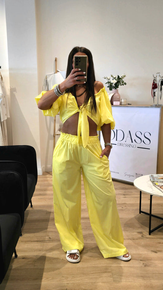 Ensemble 2 pièces coton jaune – Haut noué & pantalon large
