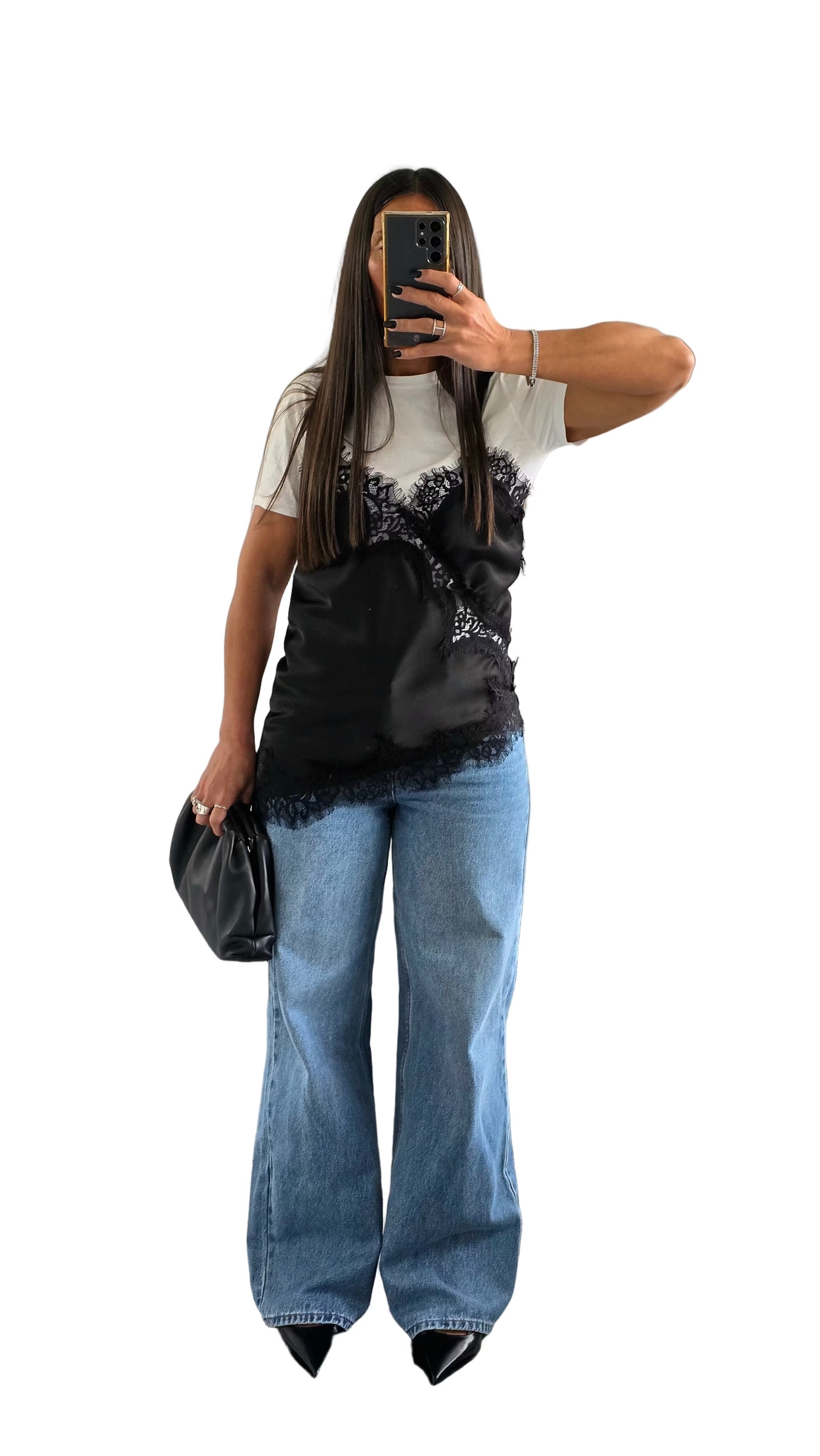 Débardeur Satiné à Dentelle – Noir