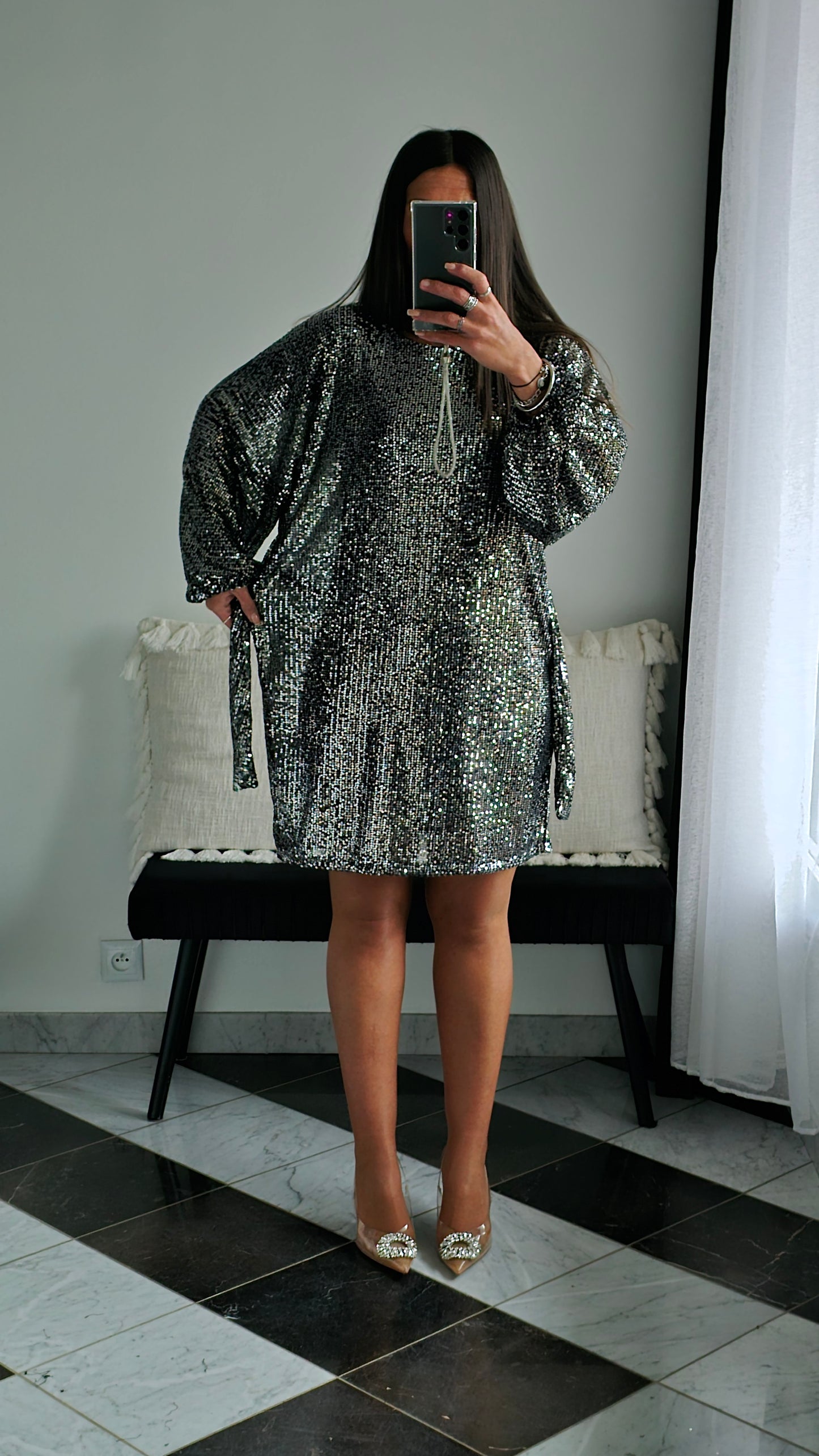 Robe Bianca Sequins Argentés