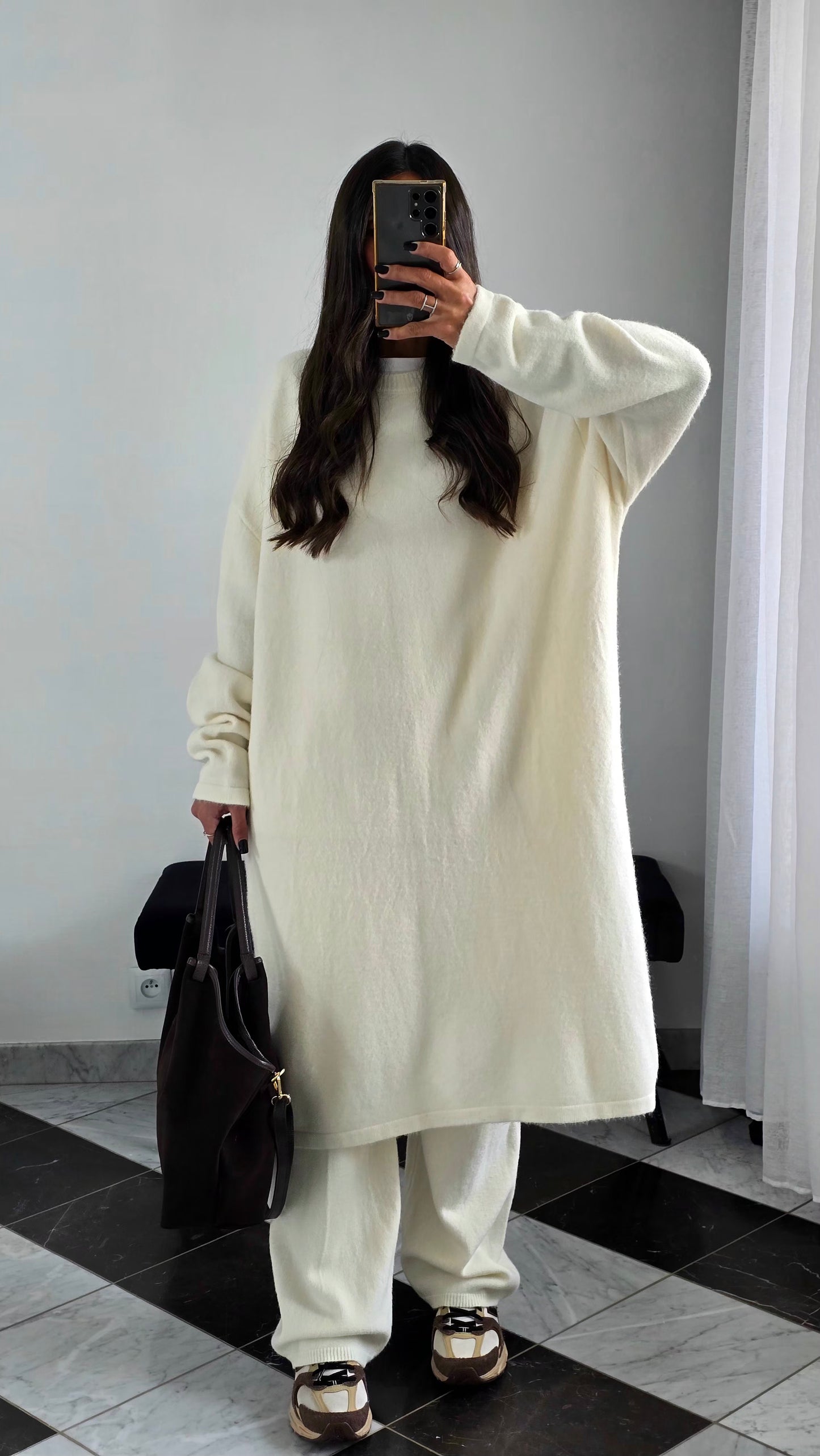 Ensemble Robe + Pantalon Maille Épaisse – Écru