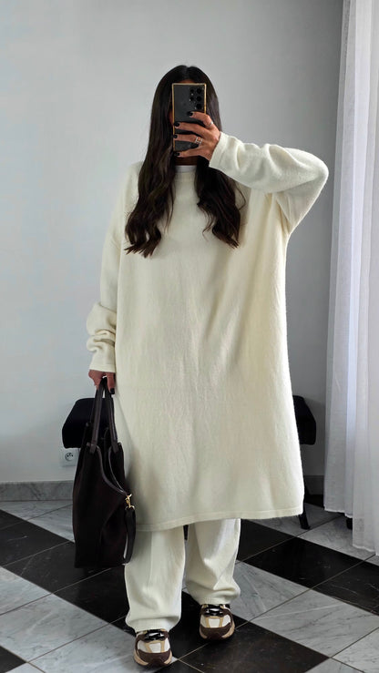 Ensemble Robe + Pantalon Maille Épaisse – Écru