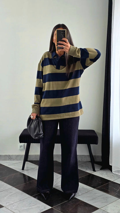 Polo Oversize Rayé – Kaki & Marine