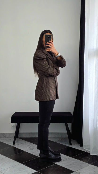 Blazer Structuré à Épaulettes – Imprimé Pied-de-Poule Chocolat