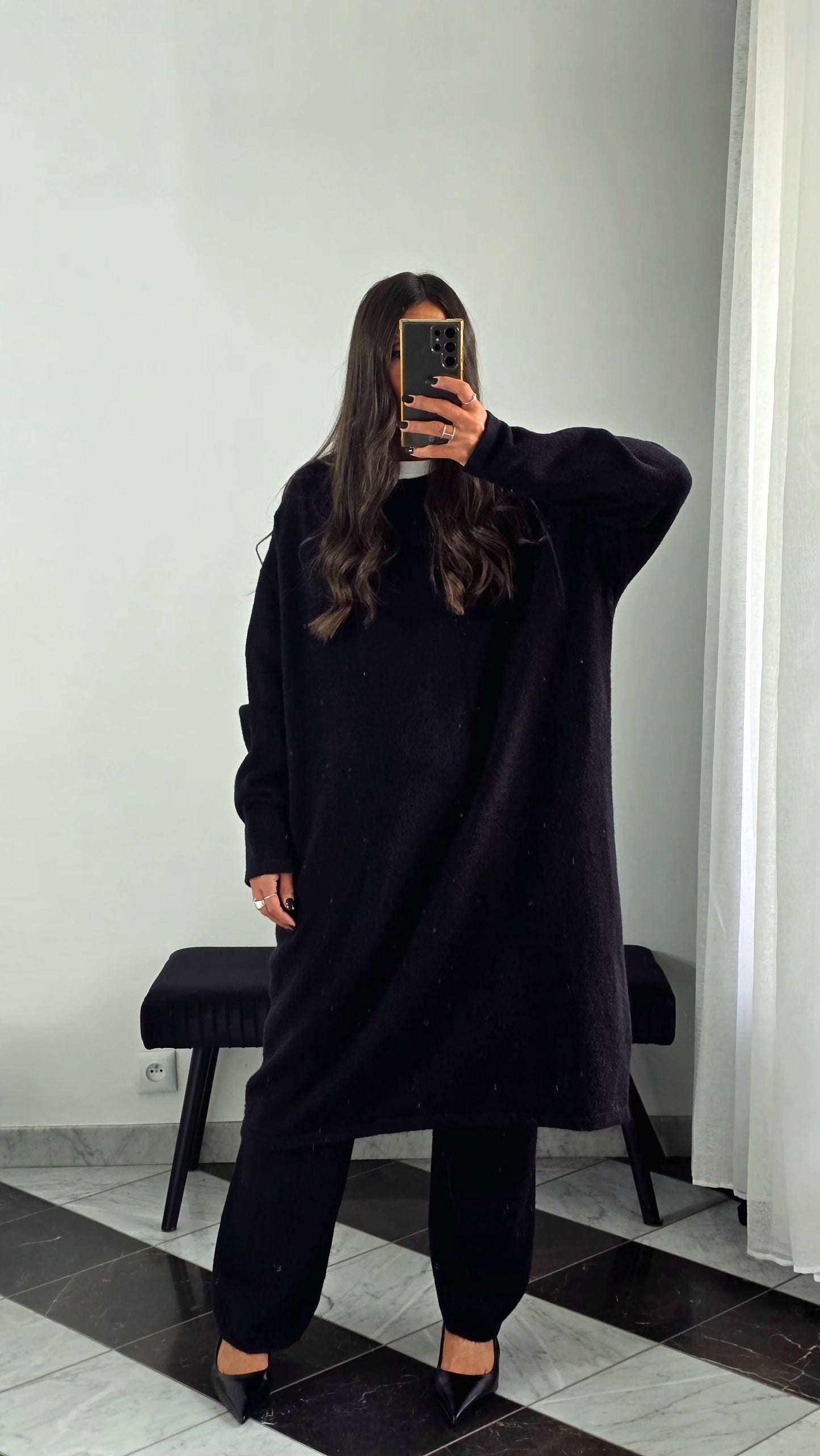 Ensemble Robe + Pantalon Maille Épais – Noir