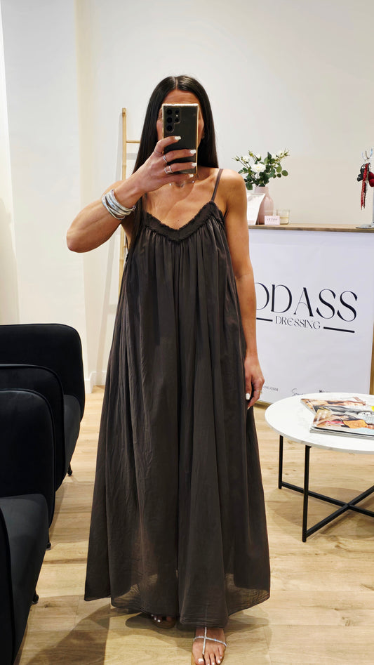 Robe Longue Chocolat – Voile de Coton & Doublure – Fabriquée en Italie