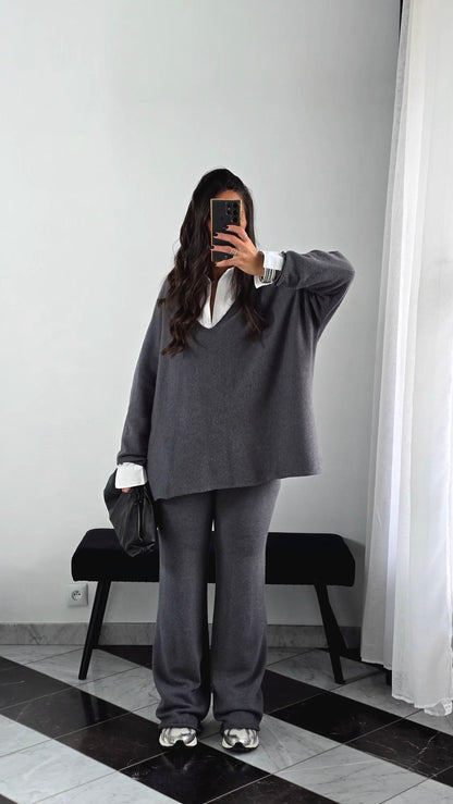 Ensemble Maille – Pull & Pantalon Gris Anthracite