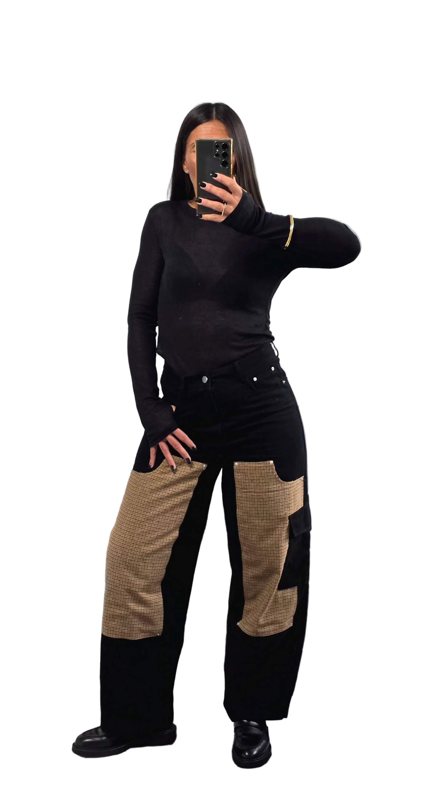 Jean Patchwork – Détails Pied-de-Poule & Coupe Large