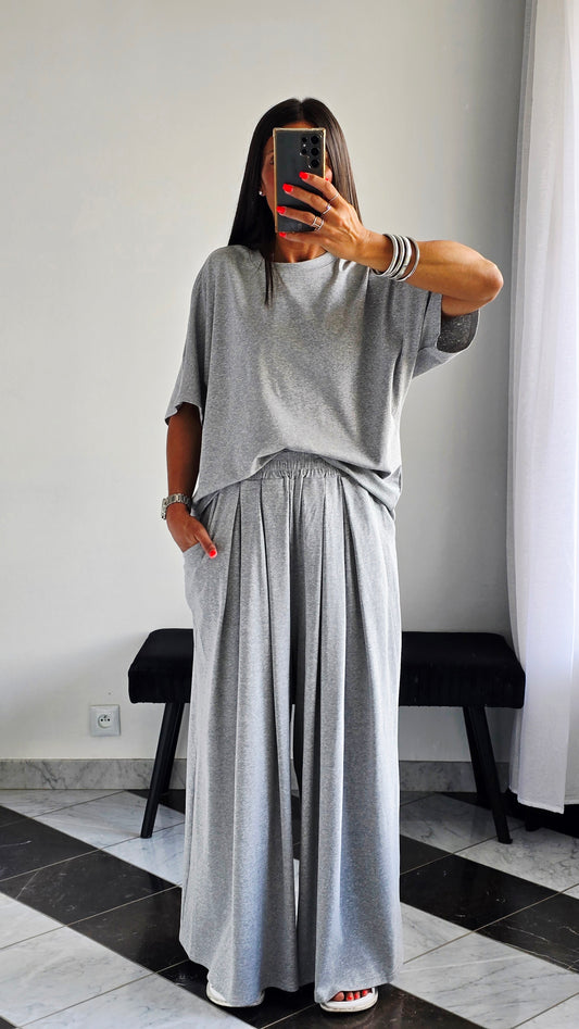 Pantalon large fluide en 100 % coton – Gris chiné