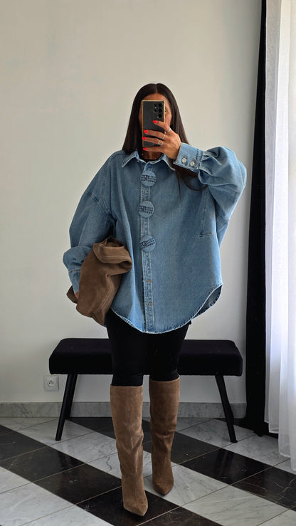 Veste Chemise Oversize en Denim Clair – Boutons Pression