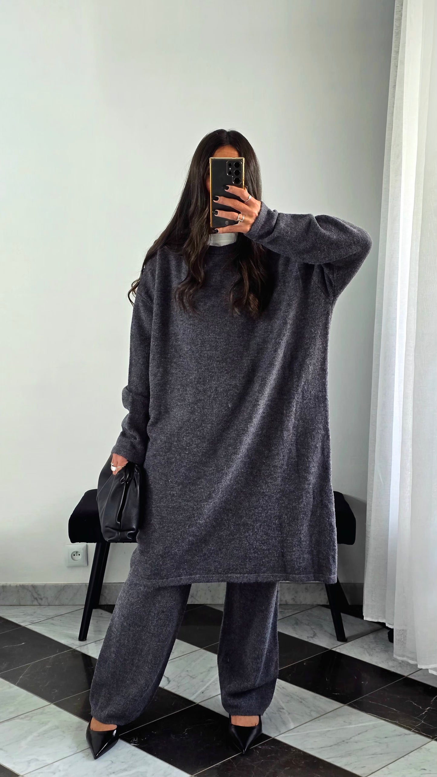 Ensemble Robe + Pantalon Maille Épais – Gris Anthracite