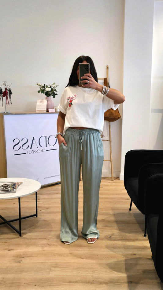 Pantalon Fluide En 100% Viscose Vert Sauge – Made In Italy