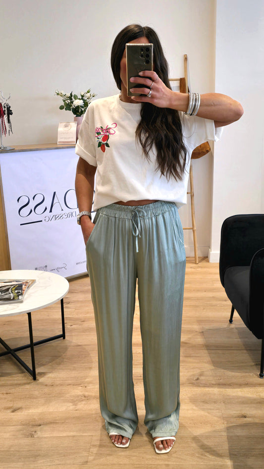 Pantalon Fluide En 100% Viscose Vert Sauge – Made In Italy
