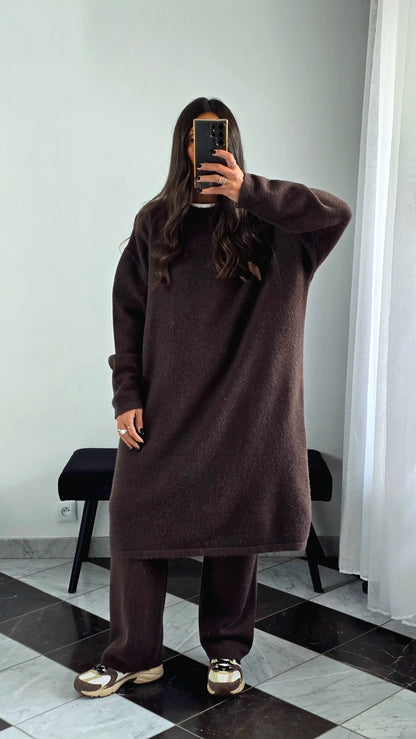Ensemble Robe + Pantalon Maille Épaisse – Marron