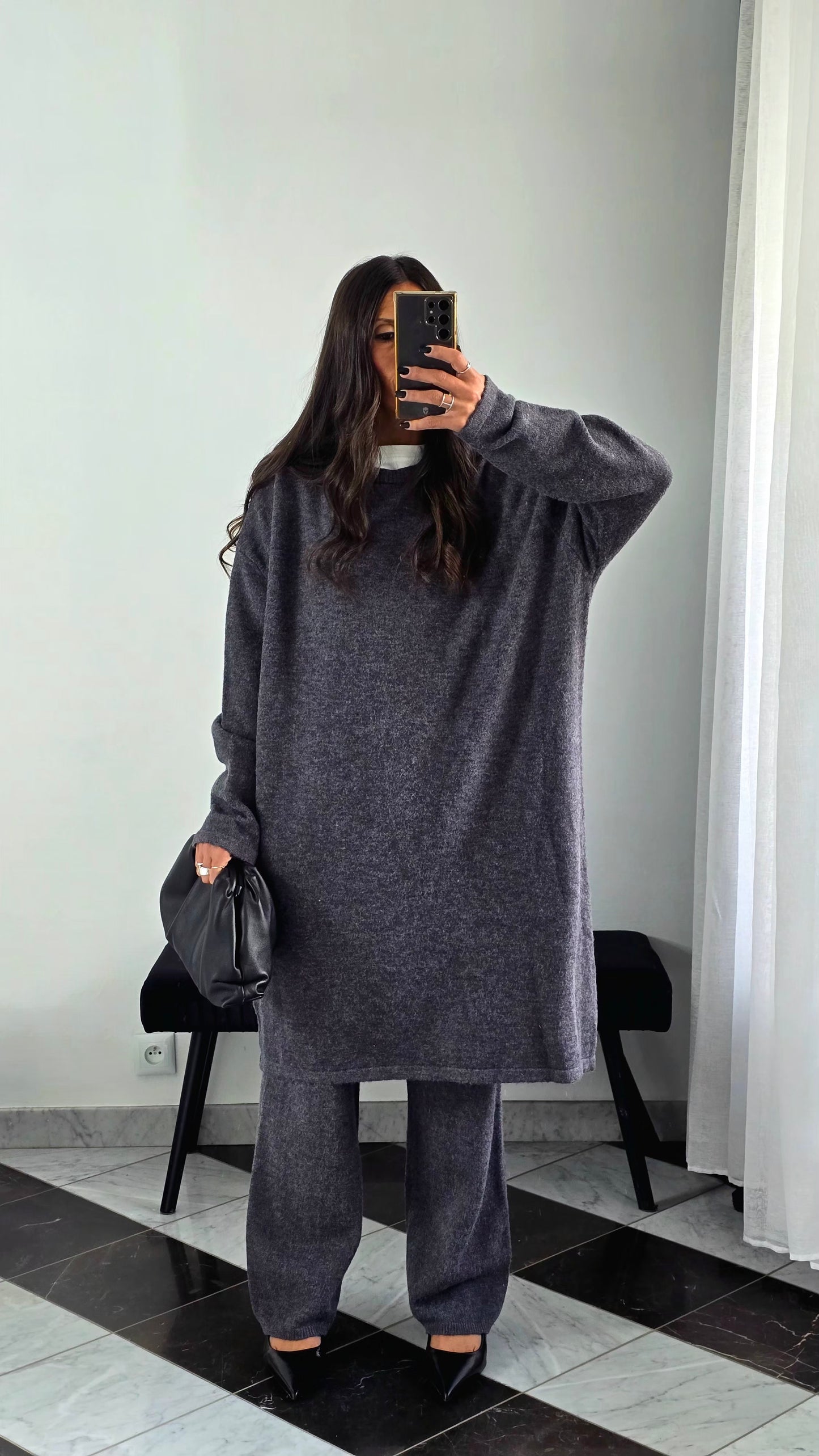 Ensemble Robe + Pantalon Maille Épais – Gris Anthracite