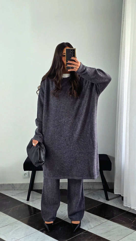 Ensemble Robe + Pantalon Maille Épais – Gris Anthracite
