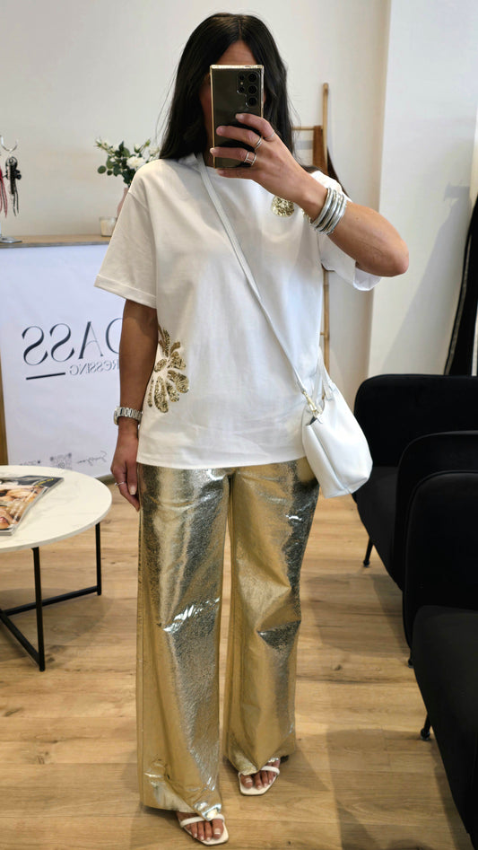 T-shirt Blanc 100% Coton Avec Patchs Sequins Dorés