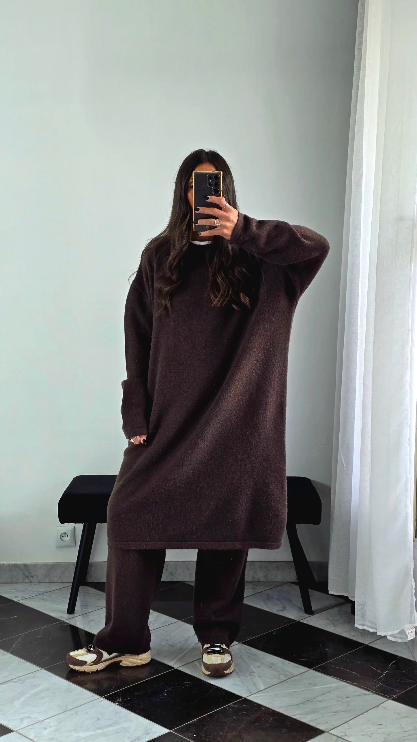Ensemble Robe + Pantalon Maille Épaisse – Marron