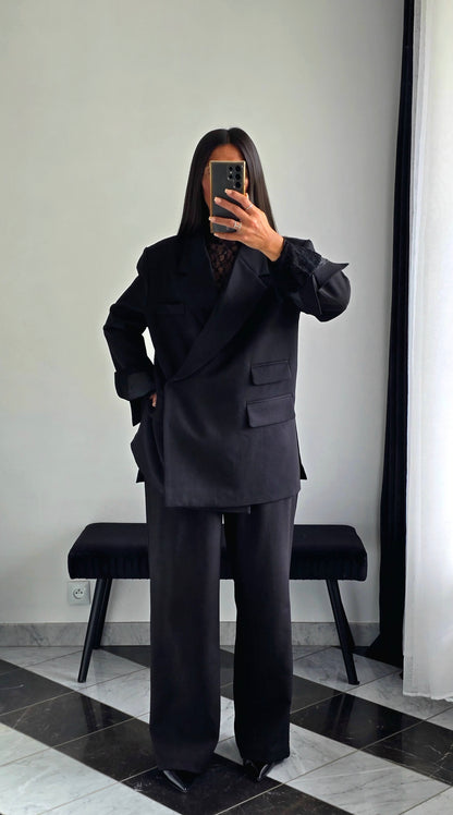 Blazer Croisé Texturé – Noir Intense
