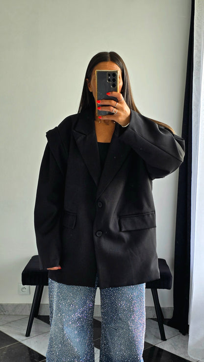 Veste Oversize Noire avec Ceinture