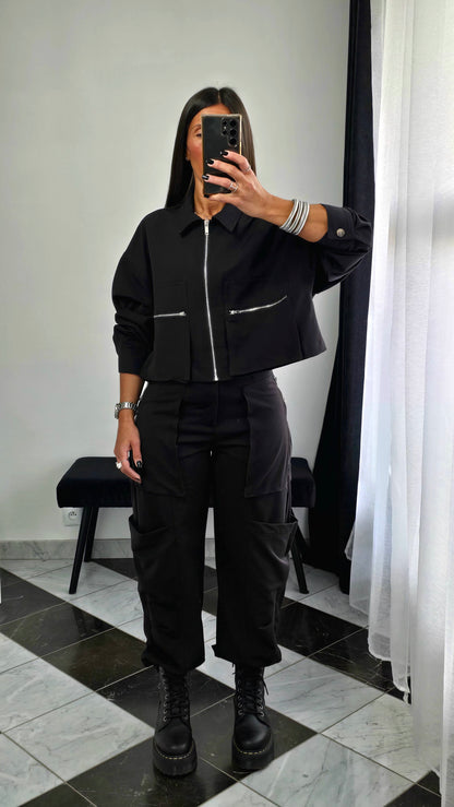 Veste Zippée Courte – Noir Coordonnée Cargo