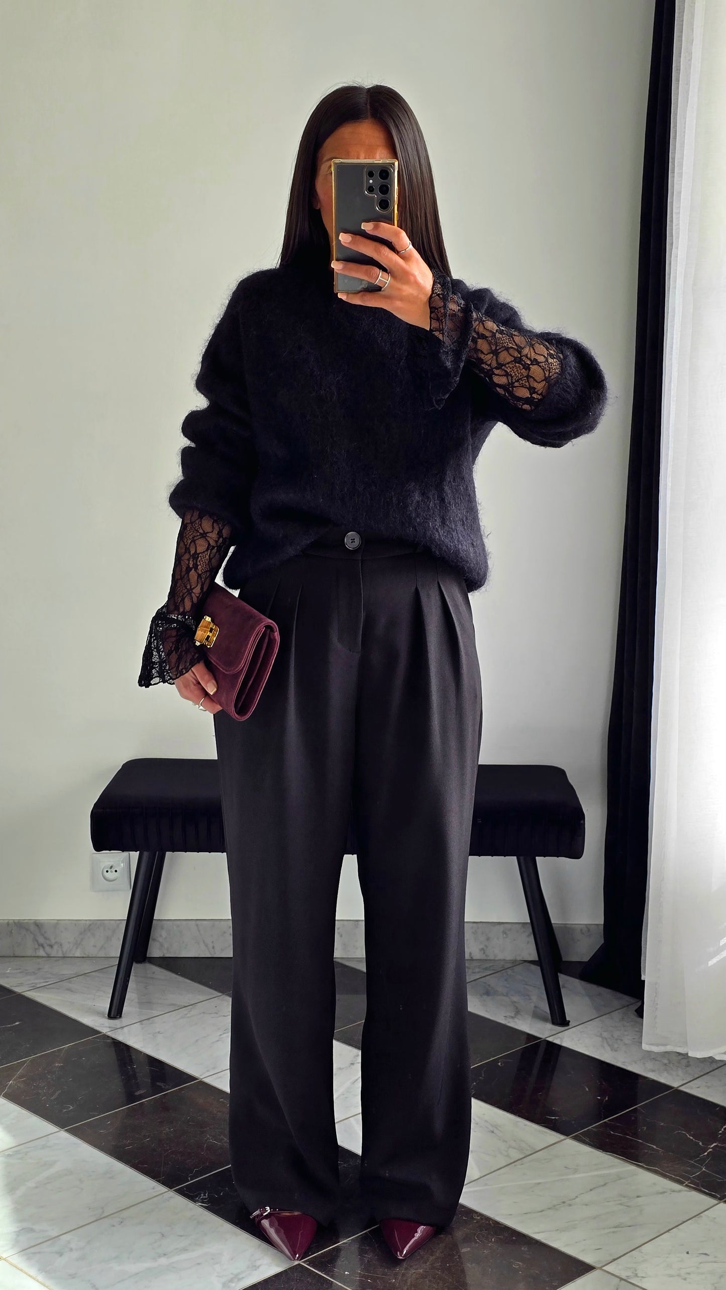 Pantalon Tailleur Texturé – Noir Intense