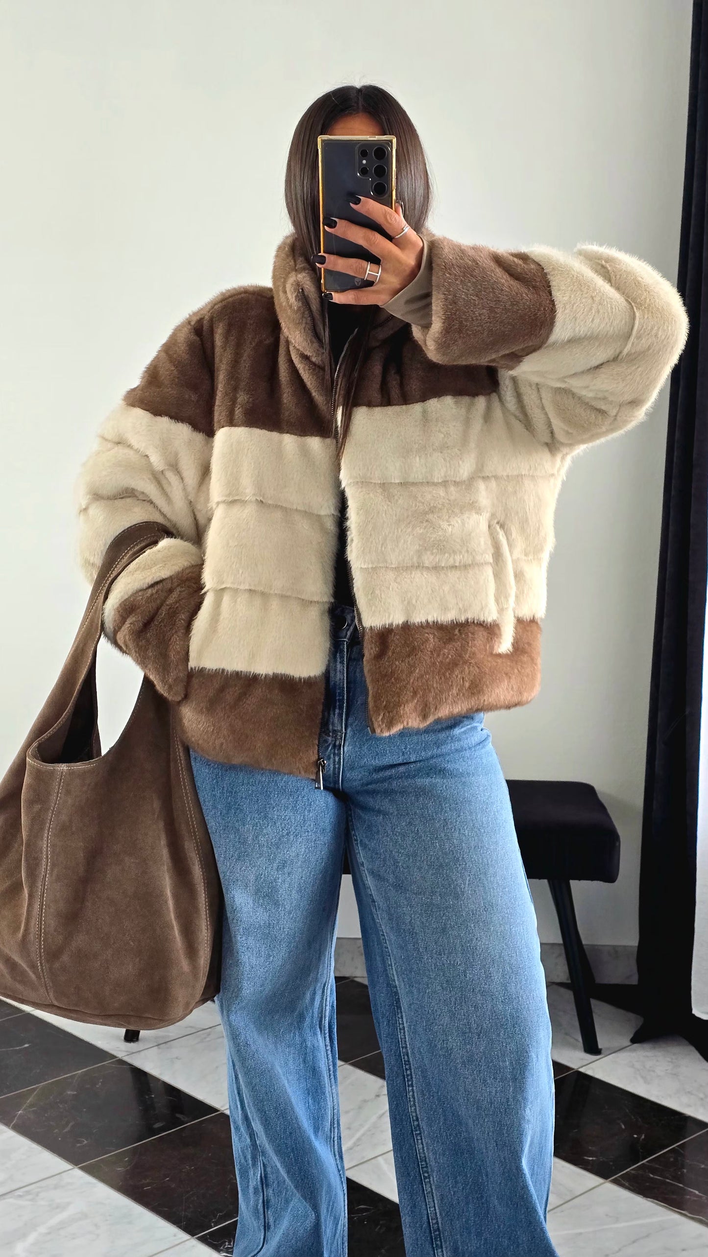 Manteau Effet Doudoune Bi-Color – Beige & Marron Clair