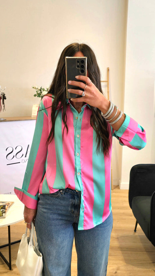 Chemisier À Rayures Rose & Vert Menthe – Coupe Droite Fluide