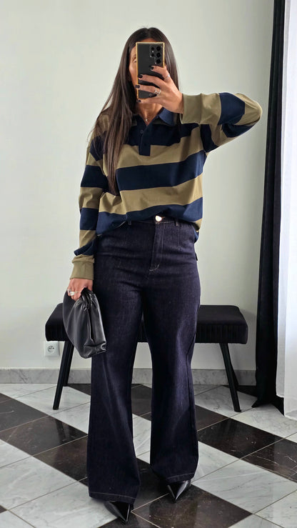 Polo Oversize Rayé – Kaki & Marine