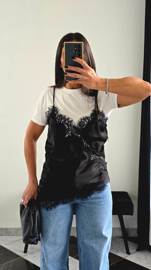 Débardeur Satiné à Dentelle – Noir