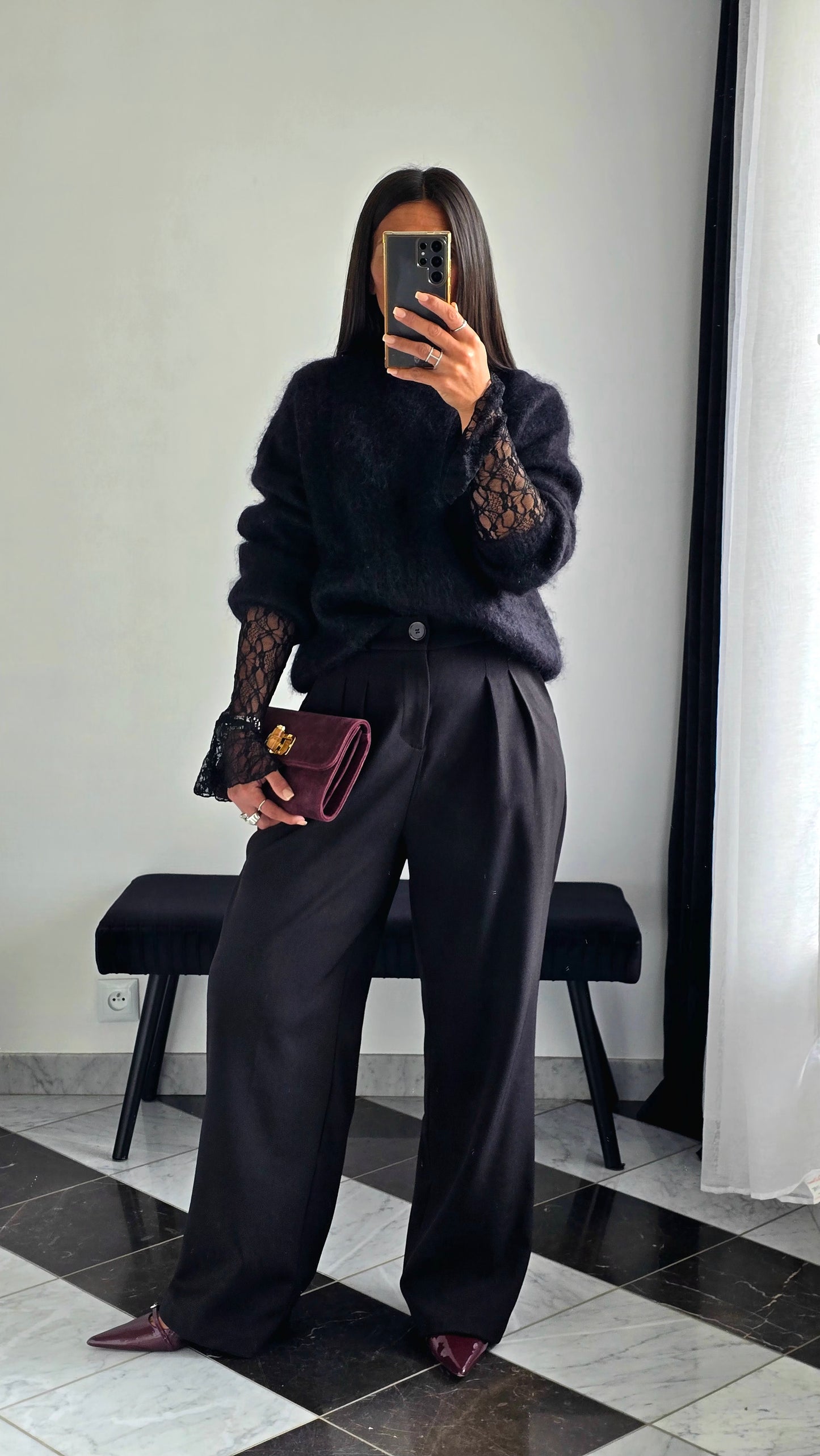 Pantalon Tailleur Texturé – Noir Intense