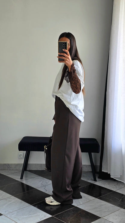 Pantalon Tailleur Évasé – Chocolat Profond