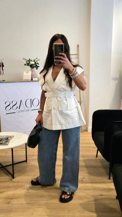 Veste Saharienne Sans Manches – Blanc Structuré
