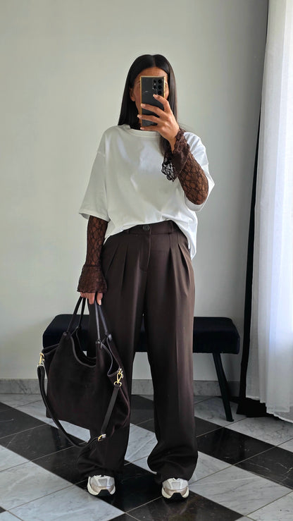 Pantalon Tailleur Évasé – Chocolat Profond