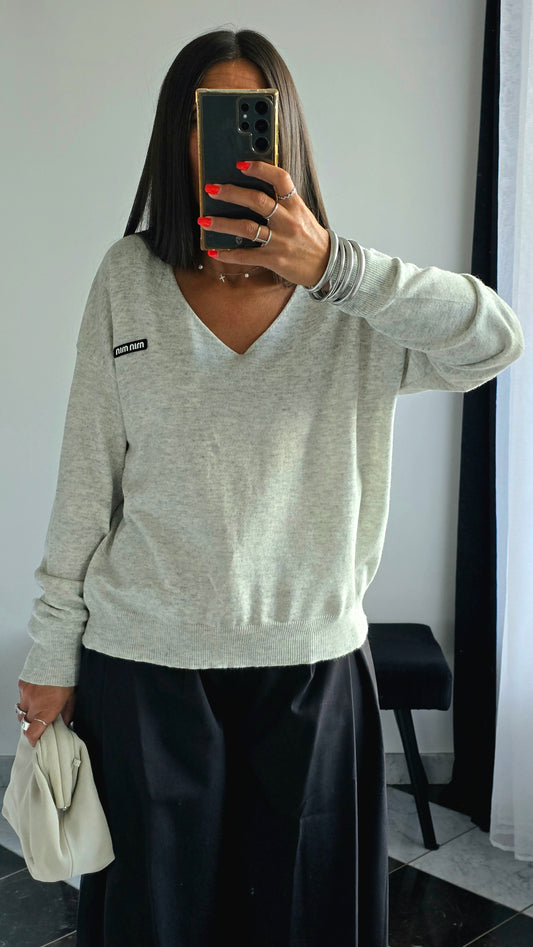 Pull fin col V – Gris chiné