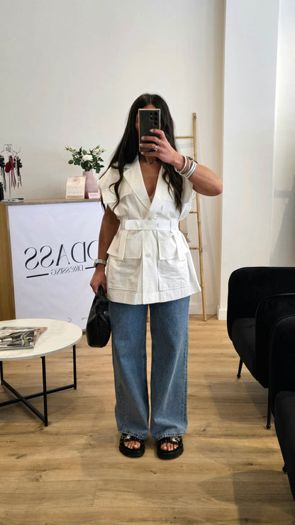 Veste Saharienne Sans Manches – Blanc Structuré