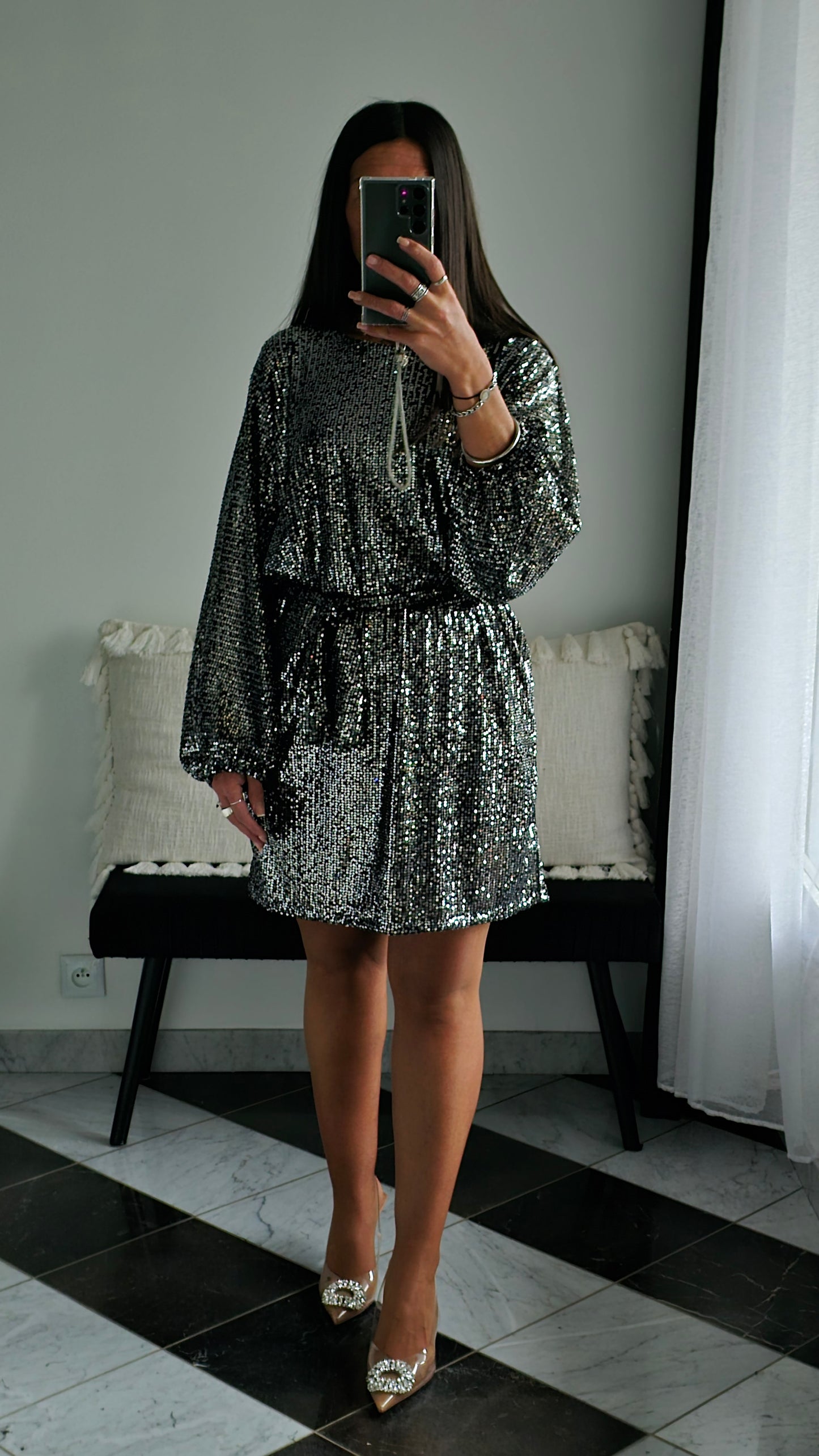 Robe Bianca Sequins Argentés