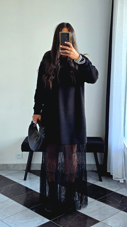 Robe sweat & dentelle noire – Élégance casual chic