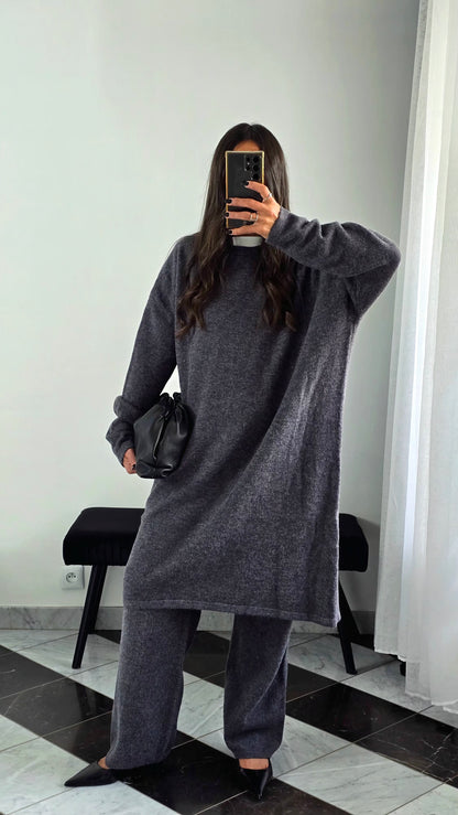 Ensemble Robe + Pantalon Maille Épais – Gris Anthracite