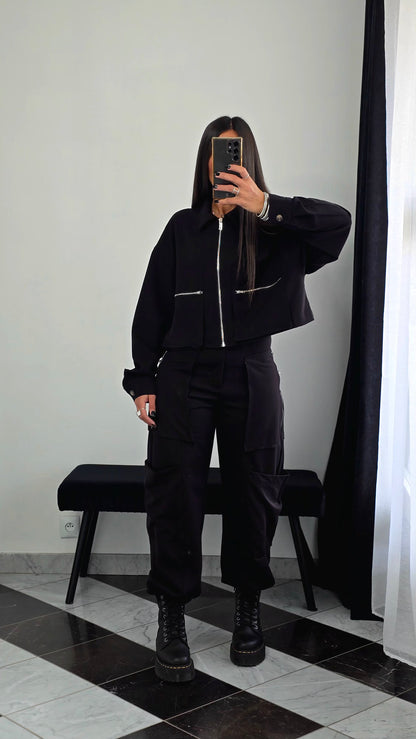 Pantalon Cargo Droit – Noir Zippé & Structuré