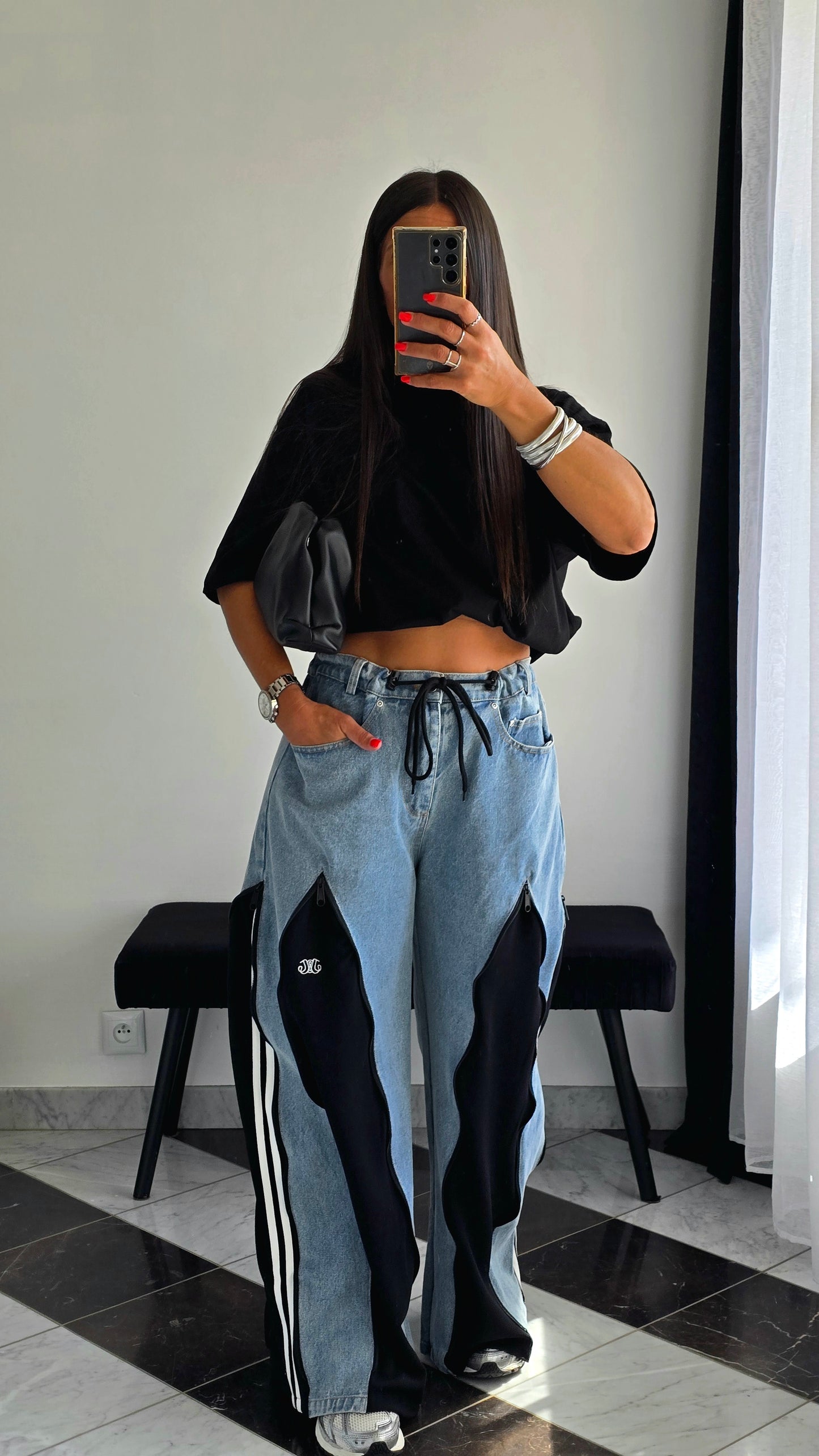 Jean wide premium à détails zippés – Bleu & Noir