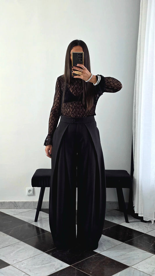 Pantalon Palazzo Noir – Coupe Architecturale & Tombé Exceptionnel