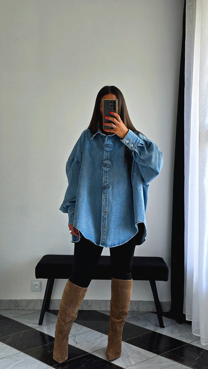 Veste Chemise Oversize en Denim Clair – Boutons Pression