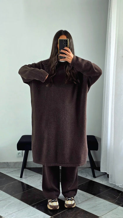 Ensemble Robe + Pantalon Maille Épaisse – Marron
